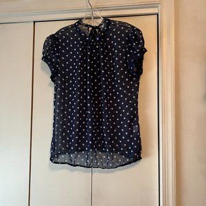 NWOT! New York and Co Navy and White Sheer Polka Dot Top - Tie at Neck - Medium